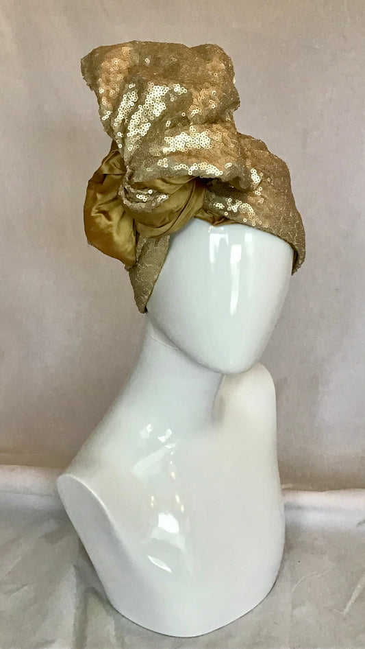 Sequin & Silk Twisturban in Gold