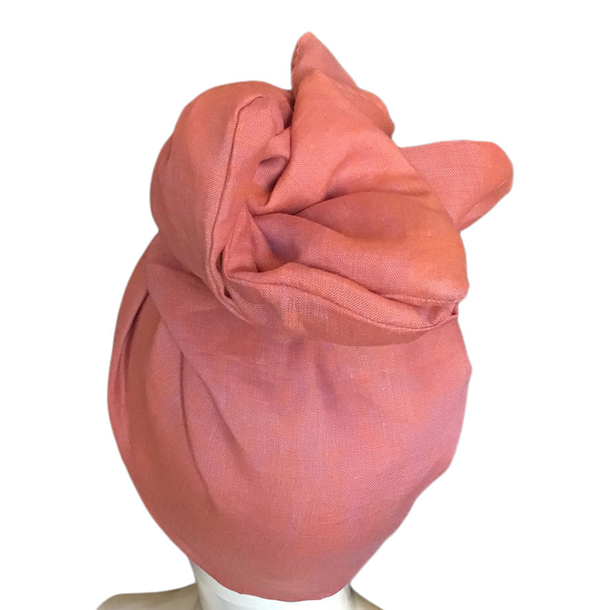 Linen Twisturban® Turban in yarn dye peach with violet