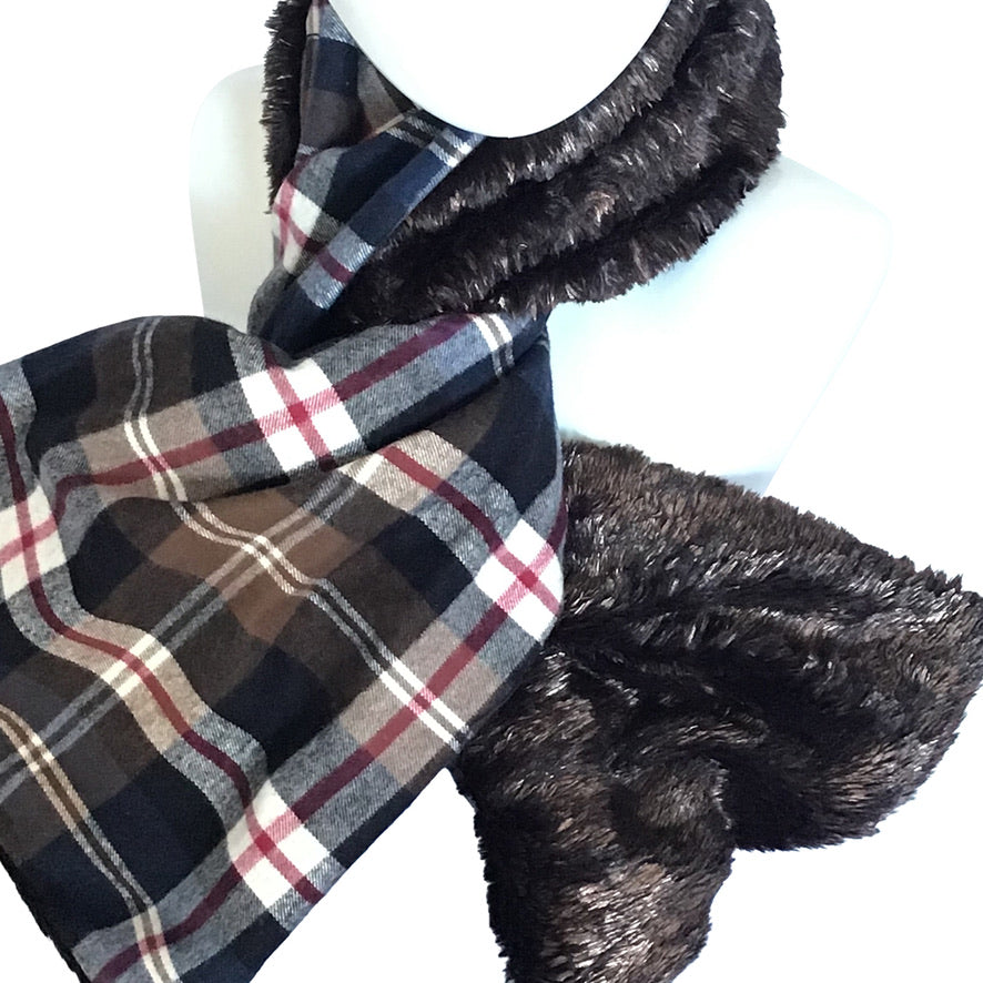 Faux Fur and cotton flannel reversible Twisturban in brown