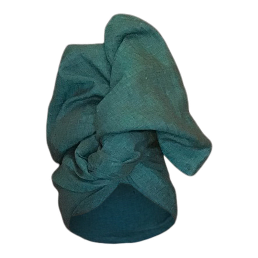Linen Twisturban® Turban in yarn dye aqua with black