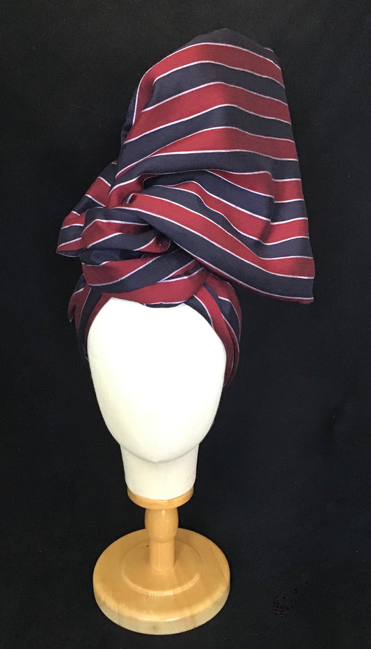 Tie silk Twisturban in navy/ white/ burgundy university stripe